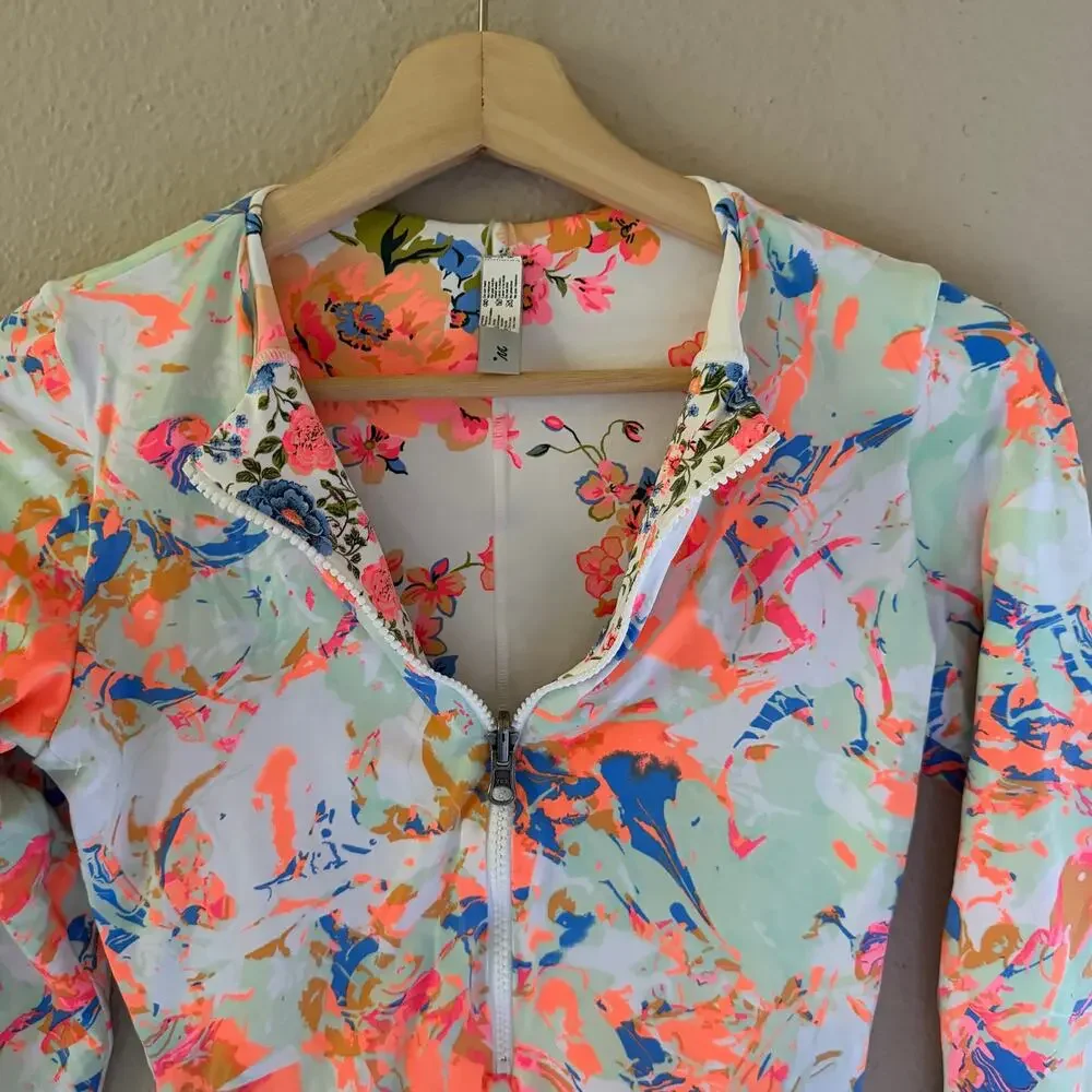 Maaji Floral Long-Sleeve One-Piece Swimsuit in Peach, Blue & White